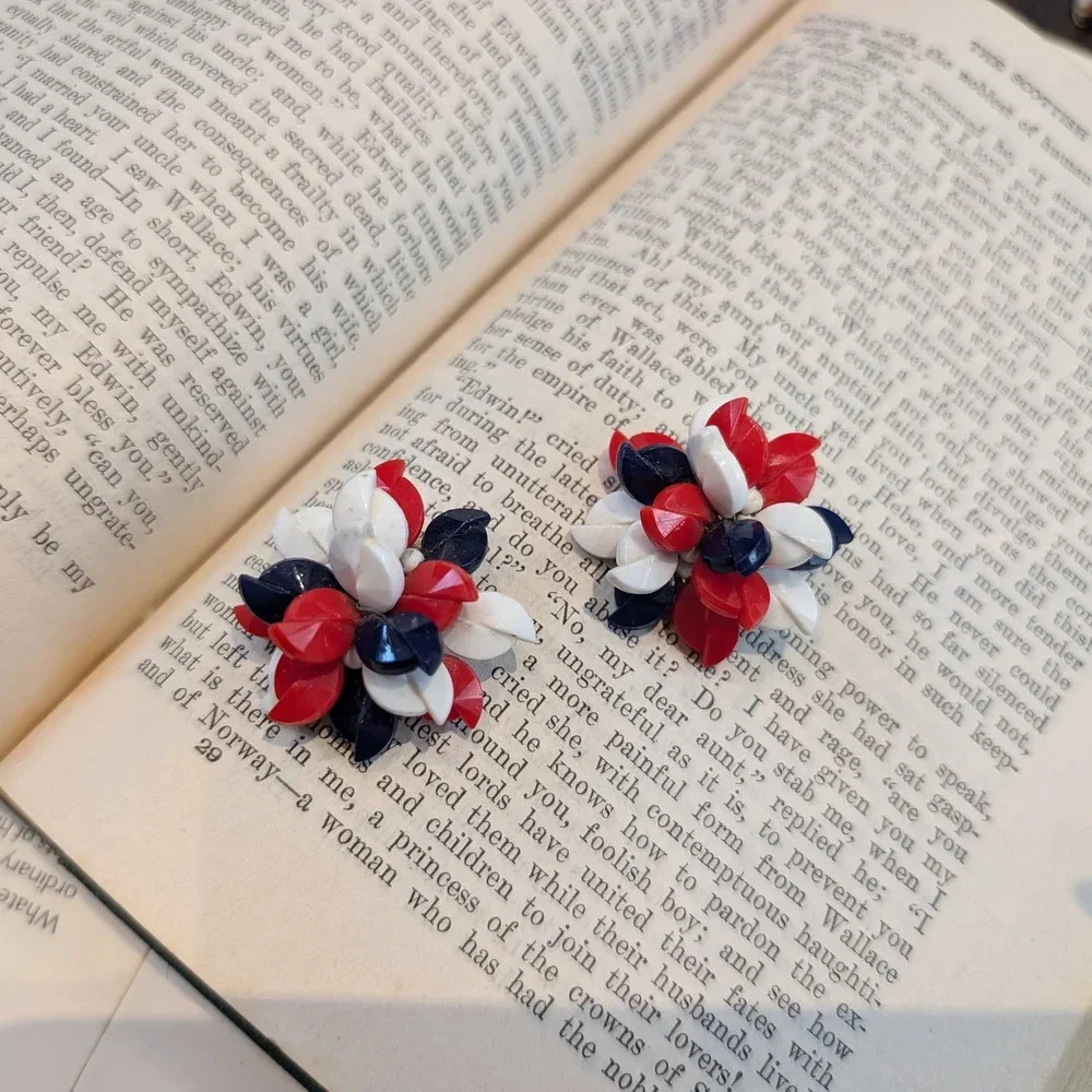 Vintage Red White Blue Floral Earrings
